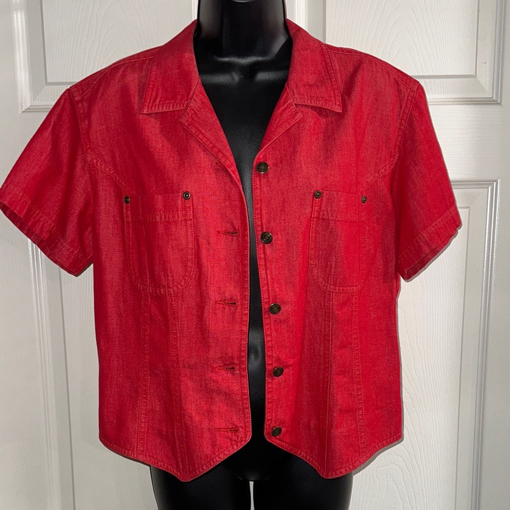 Red Short Sleeve Button-Up Jean Jacket